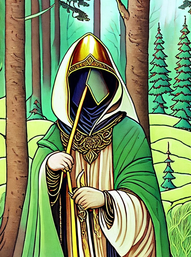 Cloaked figure with golden helmet in forest setting