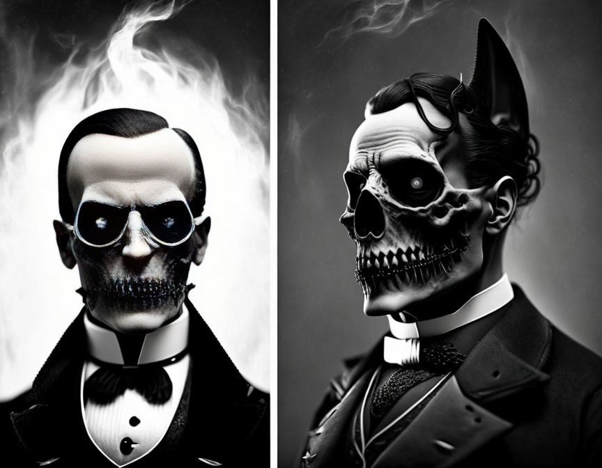 Stylized diptych: man in sunglasses smoking, skeletal face in sharp suit