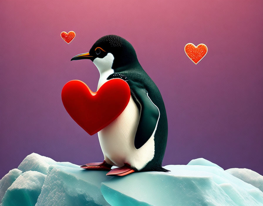 Penguin holding heart on iceberg with heart shapes on purple-pink background