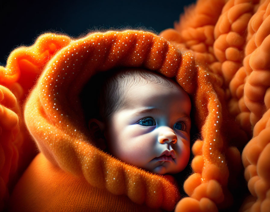 Infant wrapped in orange textured blanket with sparkling eyes in dimly lit setting