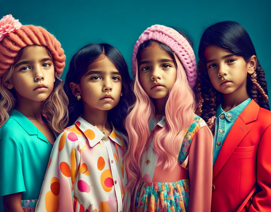 Four young girls in stylish outfits and colorful knitted hats against teal background