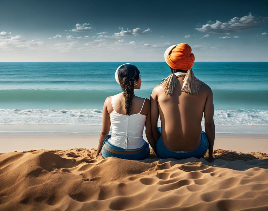 Two individuals on beach: one in white top, blue headscarf; other shirtless with orange