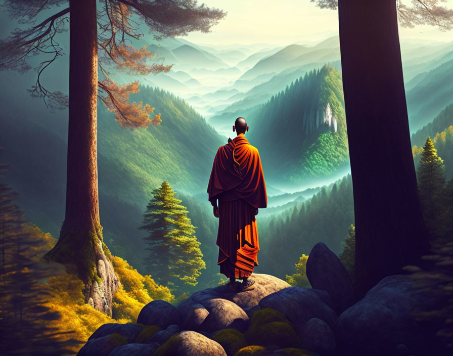 Monk in robe on rocky outcrop overlooking misty forest valley