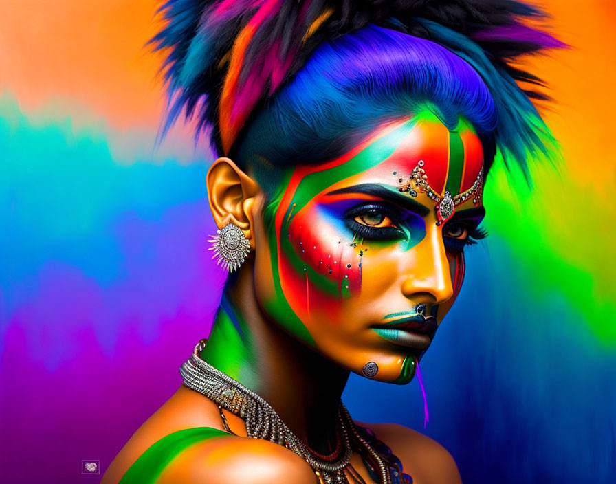 Colorful portrait of a person with face paint and headpiece on rainbow backdrop