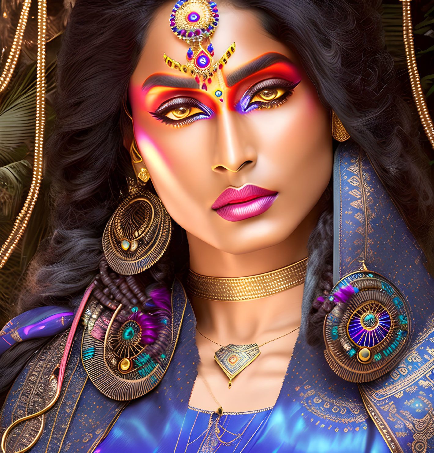 Traditional Indian attire and jewelry on illustrated woman.