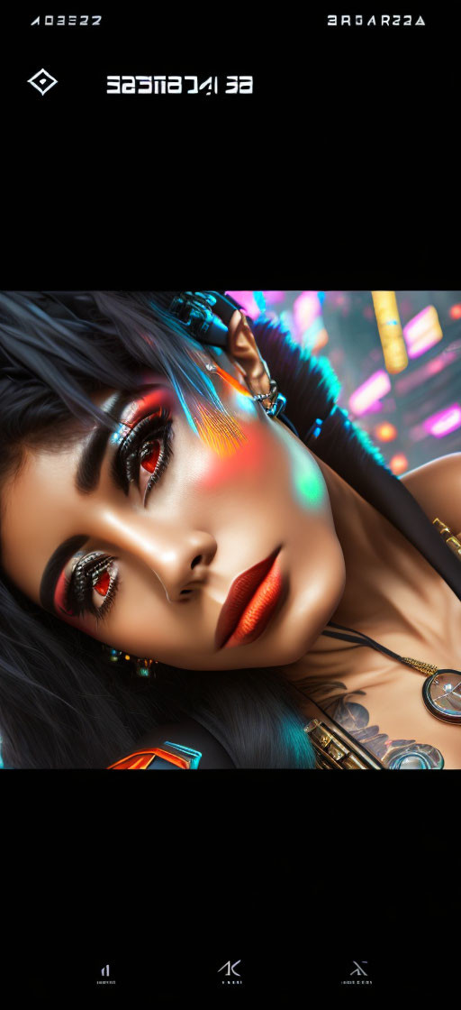 Colorful neon-lit woman with tattoos in cityscape backdrop