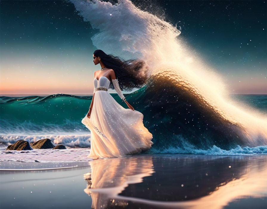 Woman in white dress by shore with dramatic wave under twilight sky