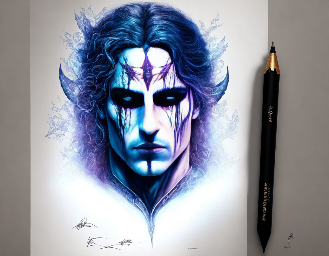 Fantasy character with white face paint and flowing hair next to black pencil