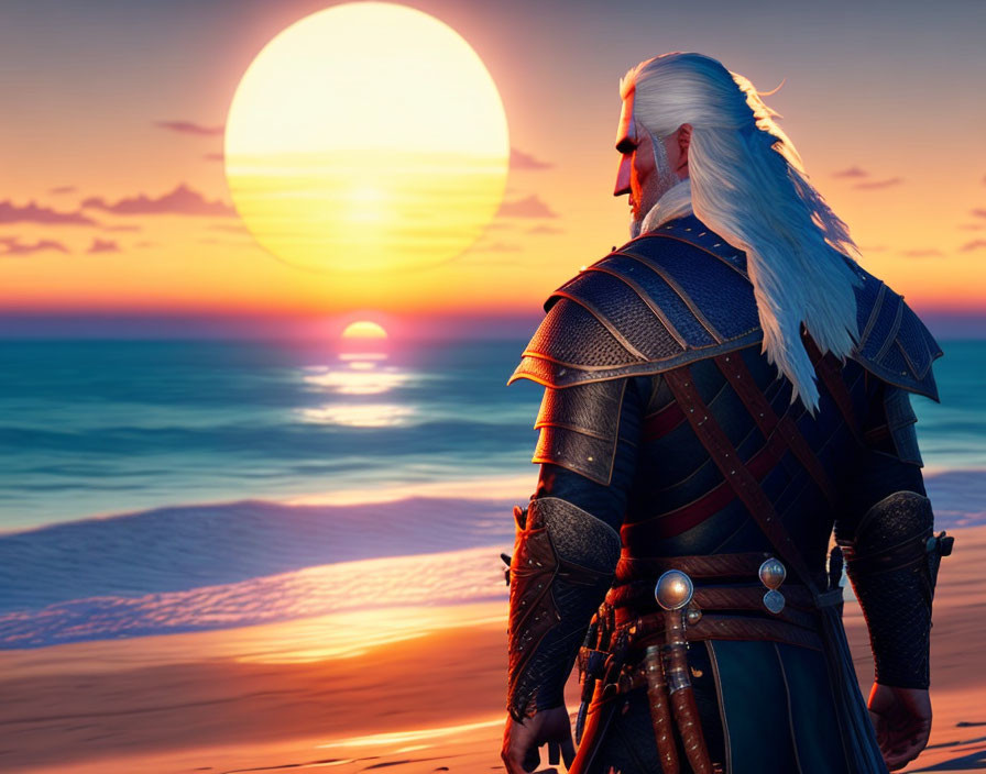 White-Haired Warrior in Medieval Armor at Sunset Ocean View