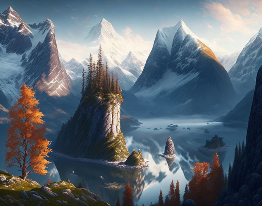 Tranquil autumn landscape with snow-capped mountains, lake, and islet