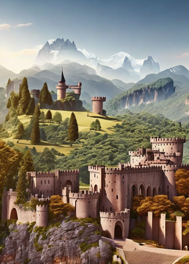 Majestic castle with towers and mountains in lush setting