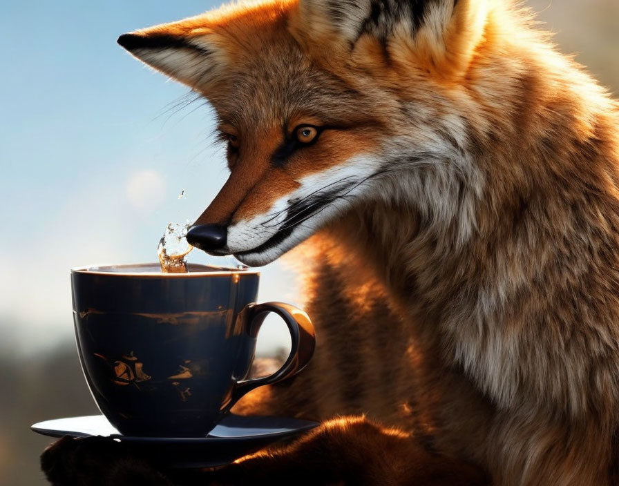 Curious fox near steaming coffee cup - nose close, causing ripples