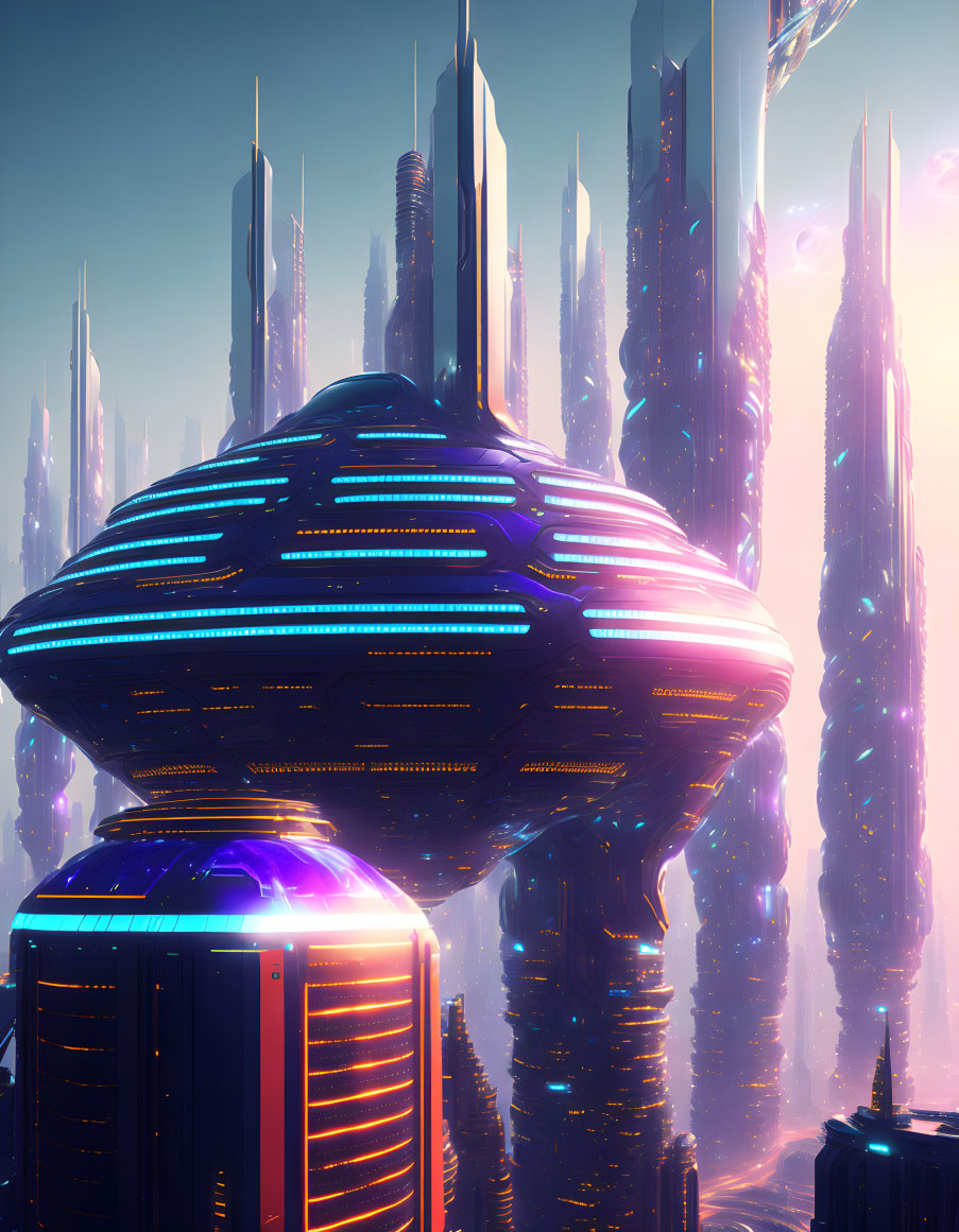 Futuristic cityscape with neon-lit skyscrapers and hovering saucer-shaped structure