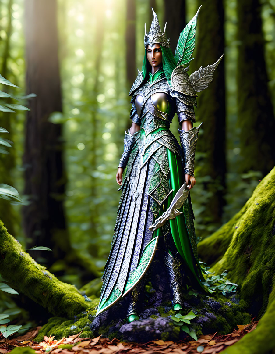 Elaborately Armored Elf Warrior in Green and Silver Costume