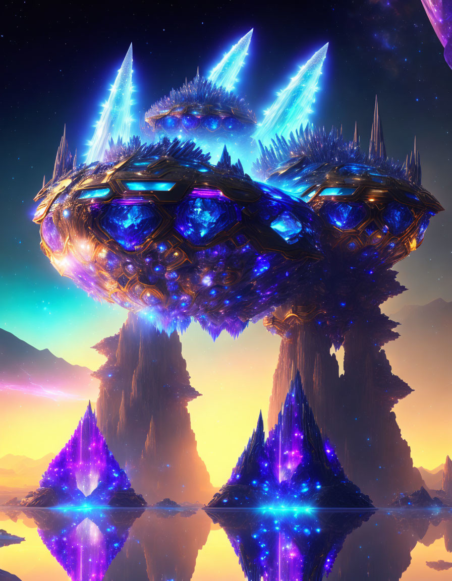 Alien city with glowing crystals above rocky formations under a starry sky