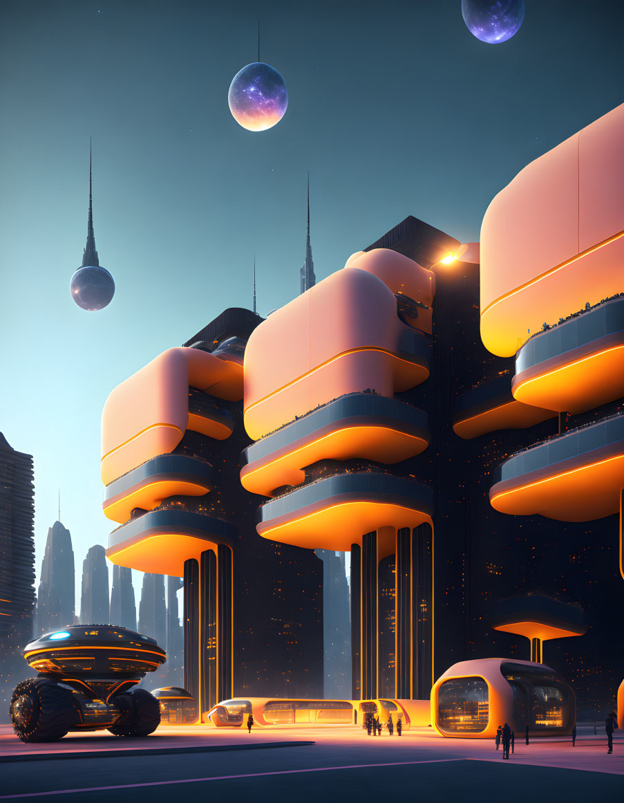 Futuristic Twilight Cityscape with Floating Orbs and Hovering Car