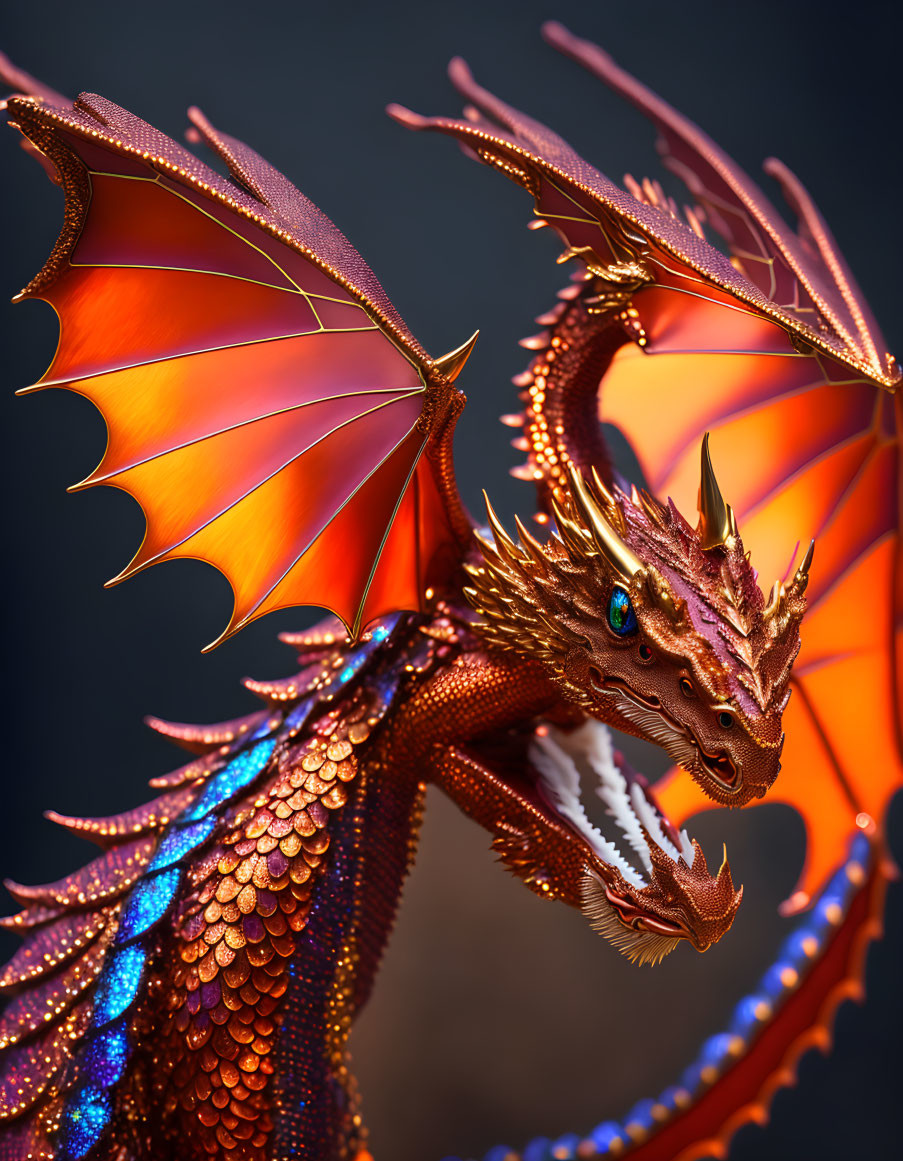 Detailed red-gold dragon with expansive wings and piercing blue eyes