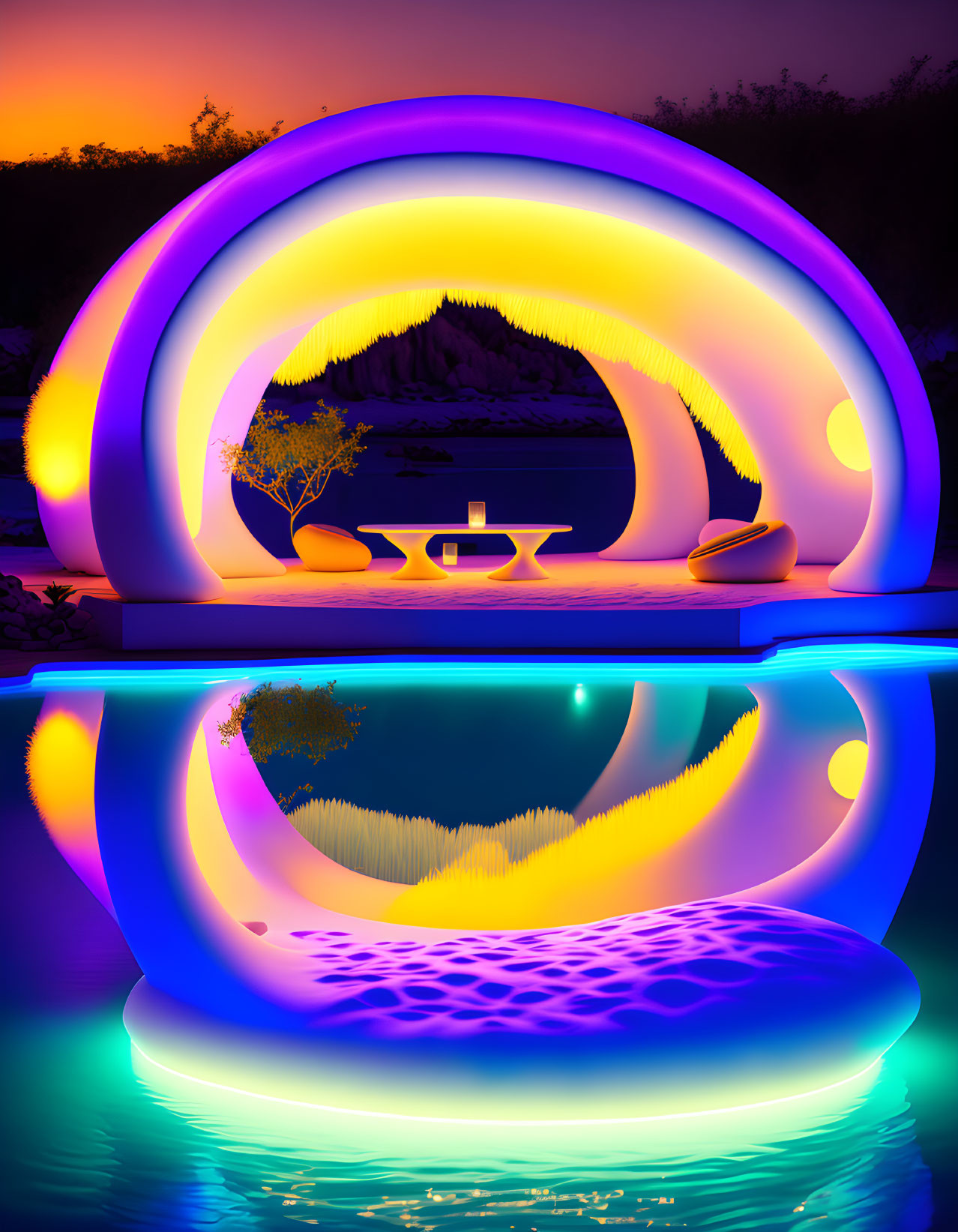 Vibrant outdoor setting: neon lights, reflective pool, stylized arch.