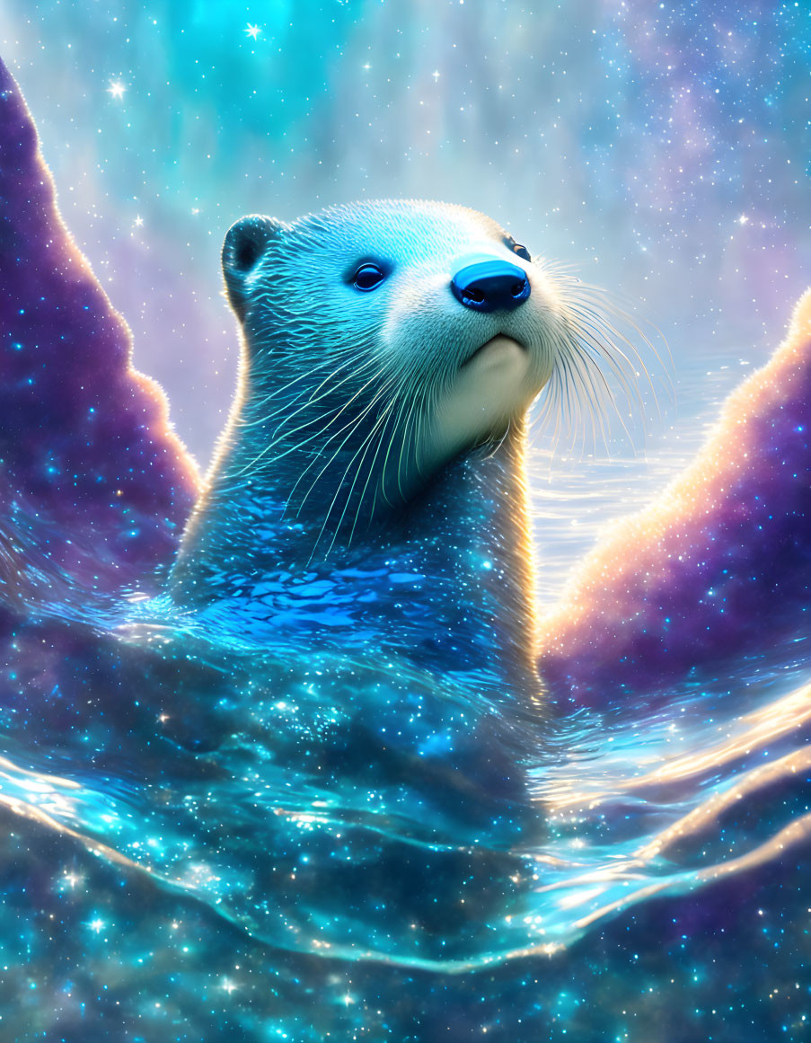 Otter in Cosmic Water with Nebula Night Sky