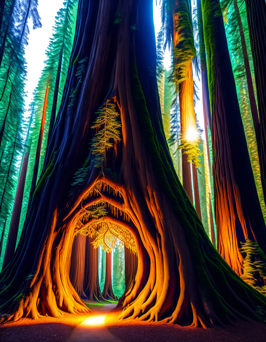 Lush forest landscape with glowing ancient tree and redwoods