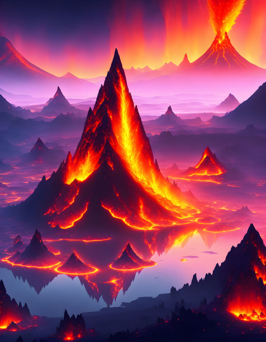 Erupting volcanoes and flowing lava in dramatic landscape