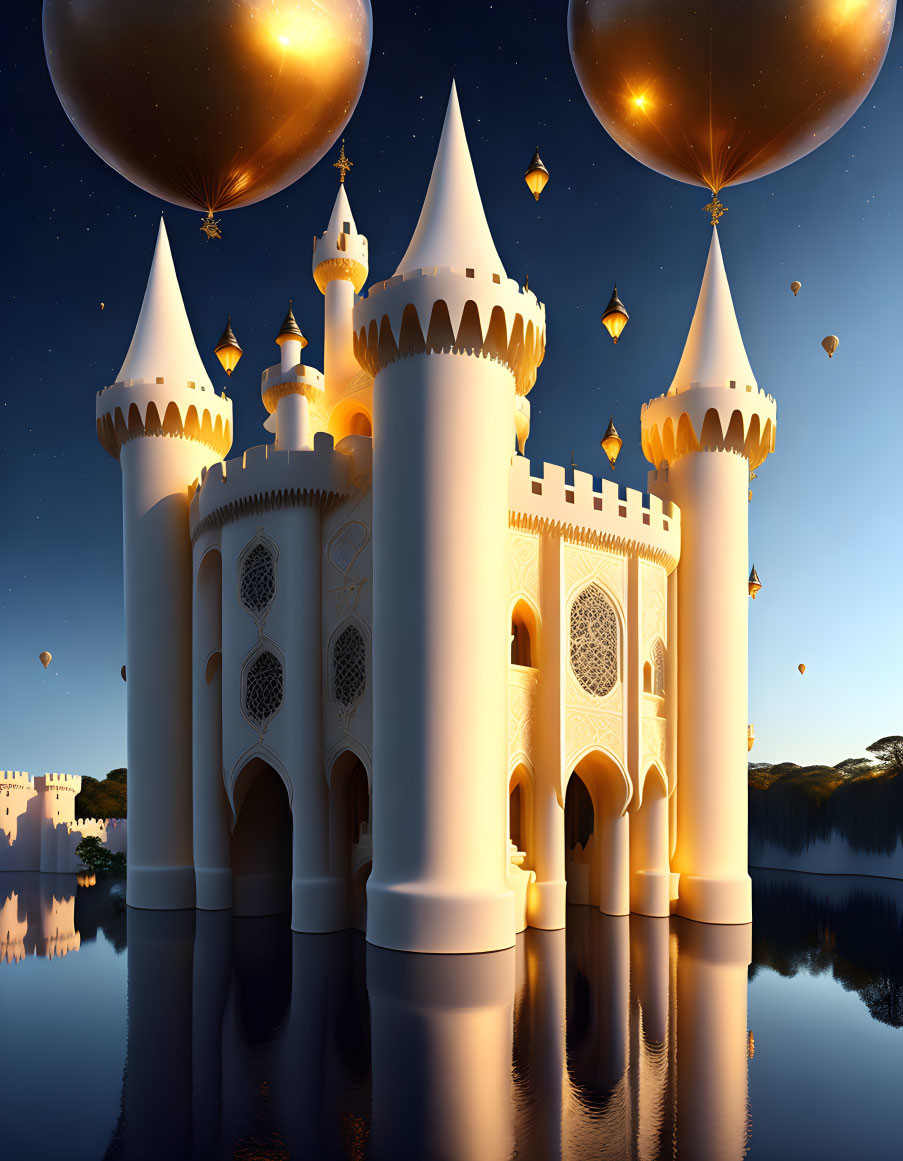 Digital Artwork: Fairytale Castle with Turrets and Lanterns at Dusk