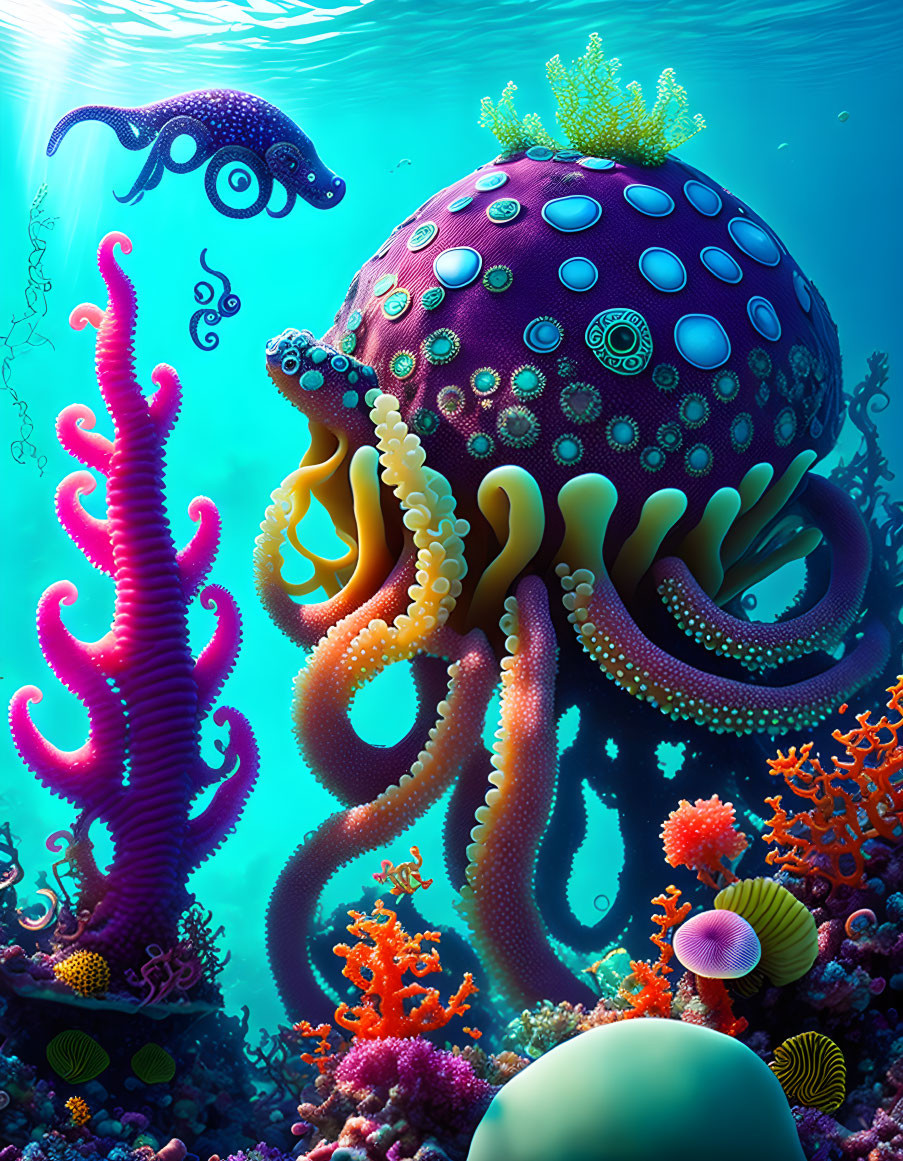 Colorful Octopus and Fish in Vibrant Underwater Scene