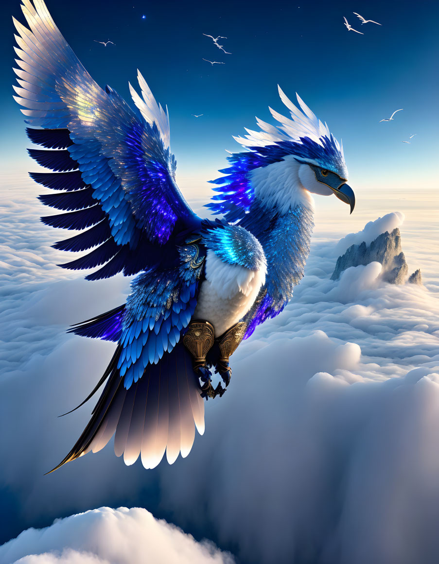 Blue and White Eagle Soaring above Clouds and Mountain Peak