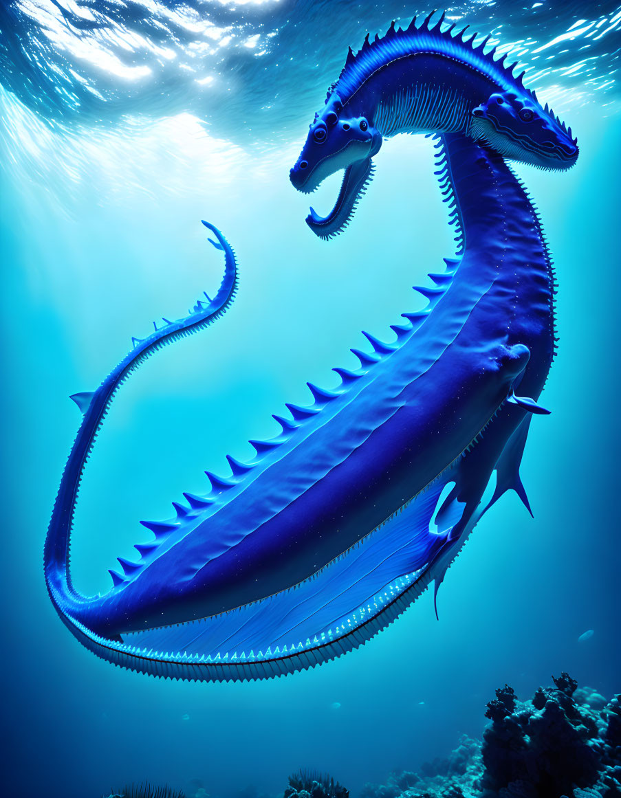 Blue sea serpent with sharp fins undulates in clear underwater light with coral reef.