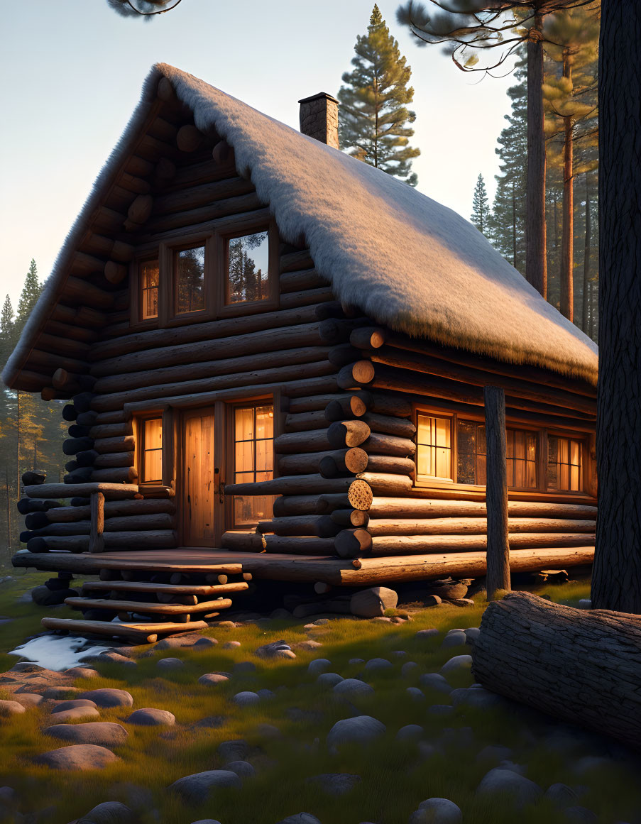 Snow-covered log cabin in serene forest at sunrise or sunset.