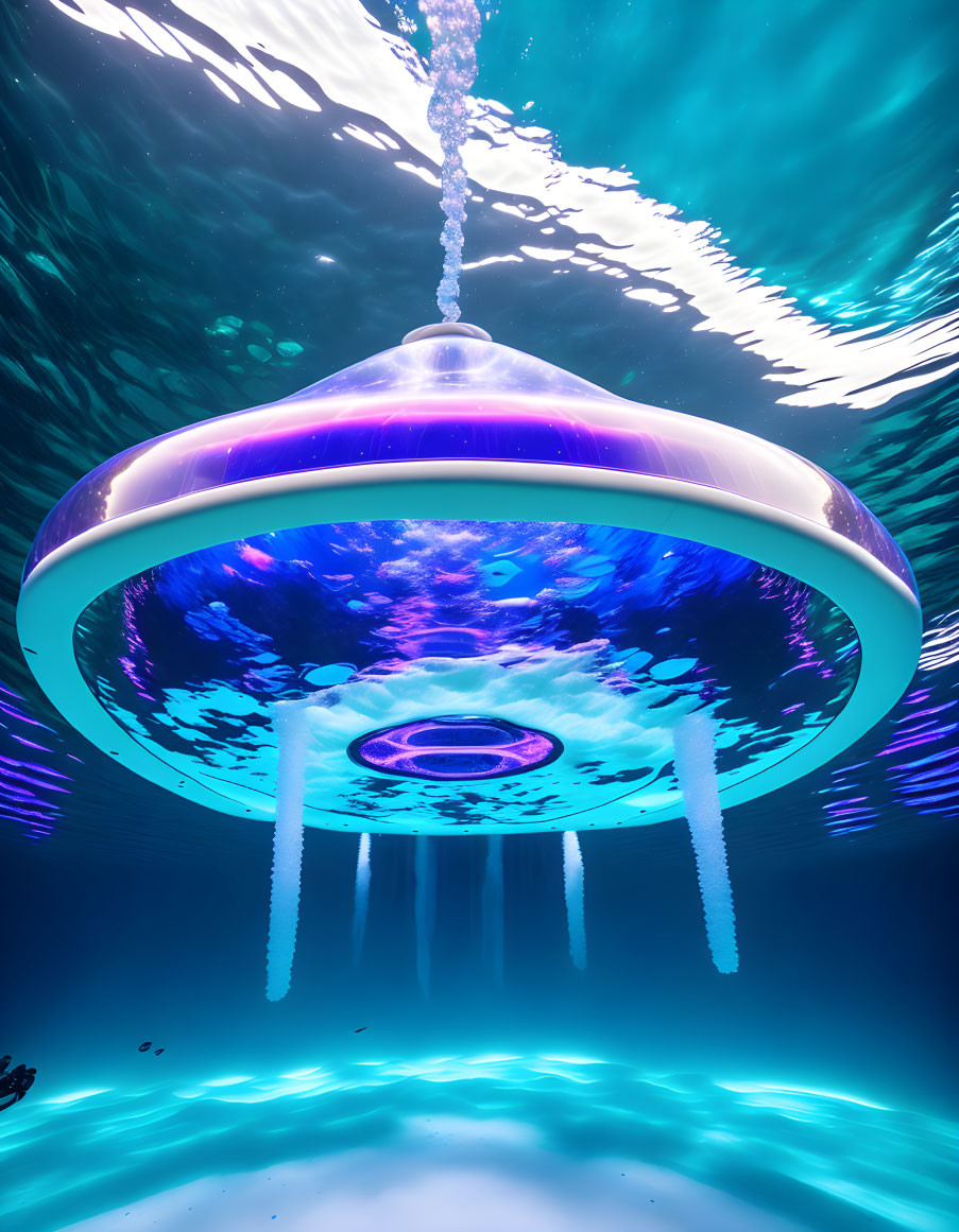 Surreal underwater scene with jellyfish-like UFO emitting colorful lights