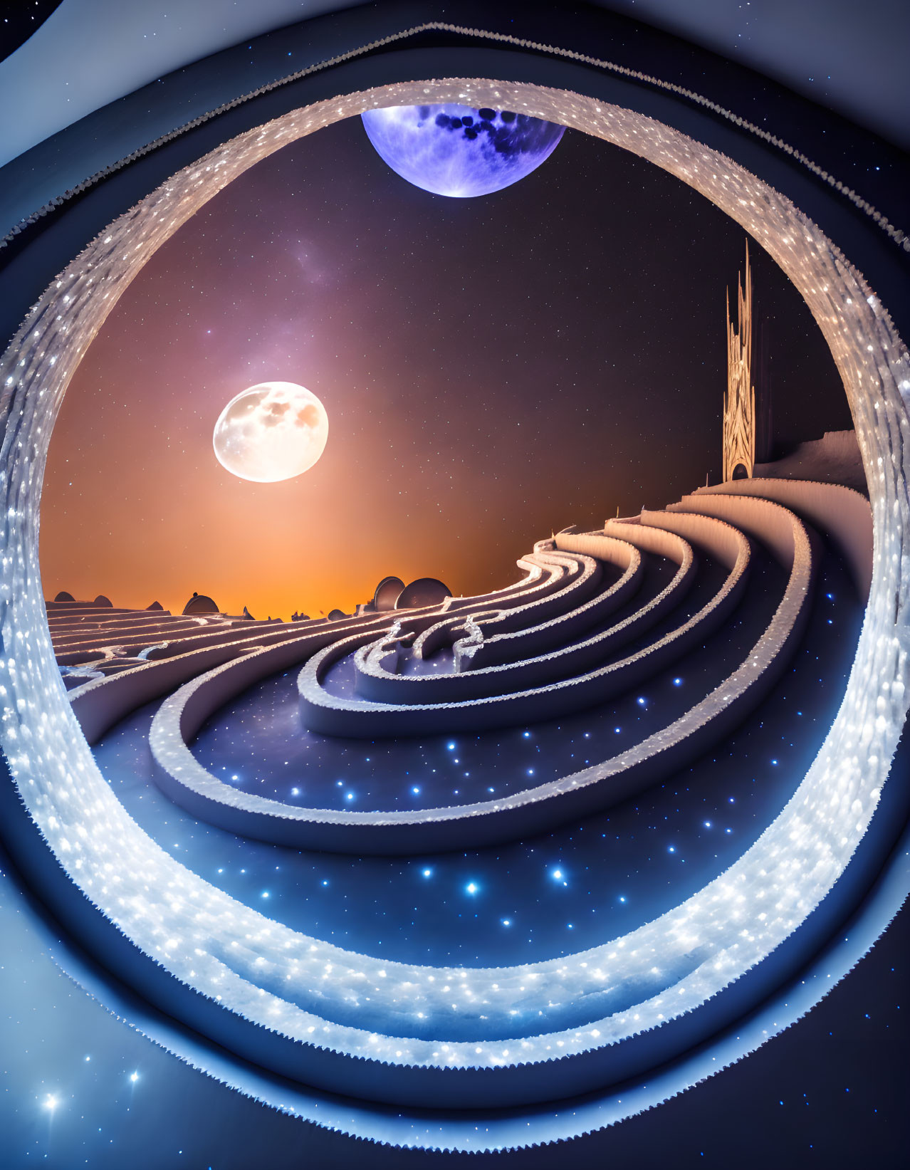 Futuristic spiral structure and glowing castle under cosmic sky