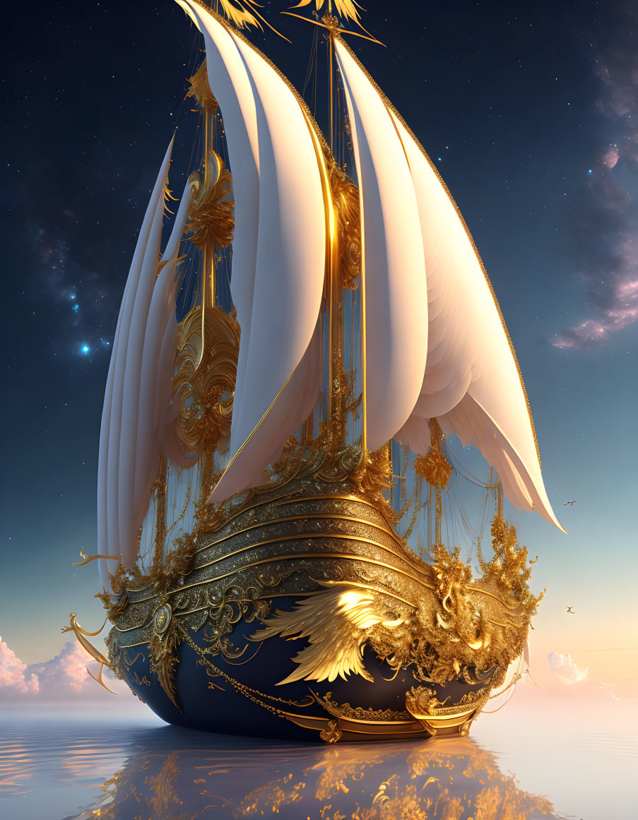 Golden ship with white sails on calm sea at sunset