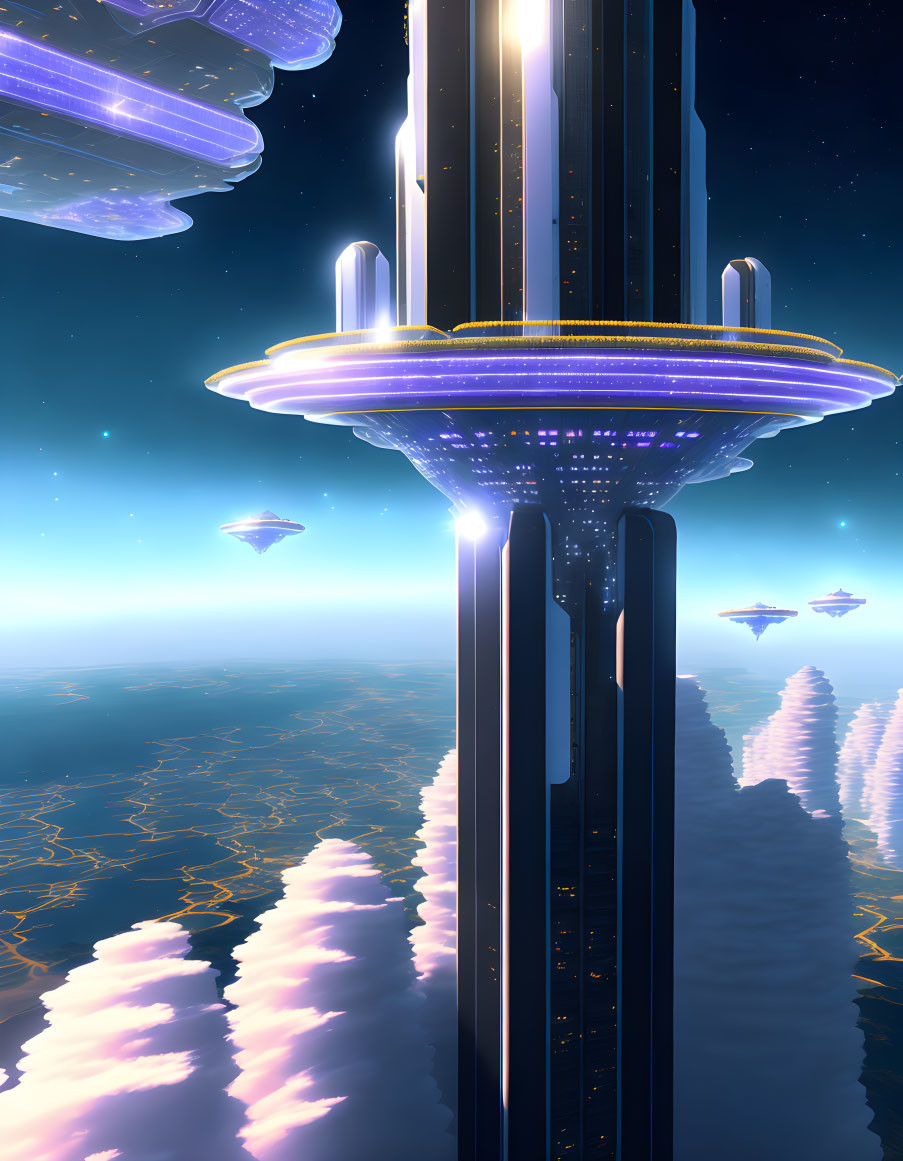 Futuristic cityscape with skyscrapers, floating platforms, and flying ships at night