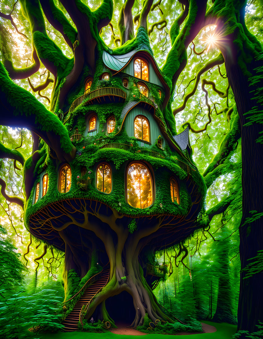 Enchanting multi-story treehouse in lush forest