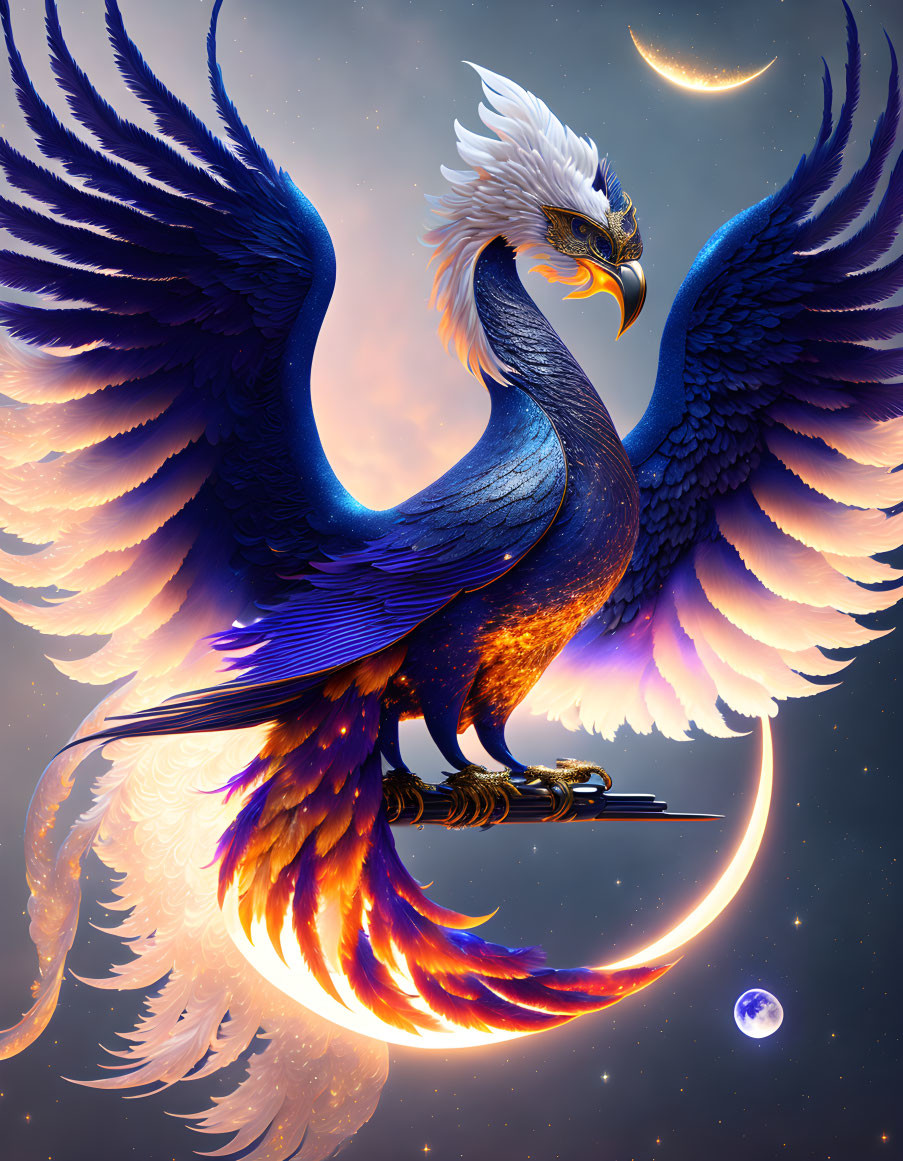 Majestic fantasy phoenix with fiery tail feathers in space against starry sky with moons