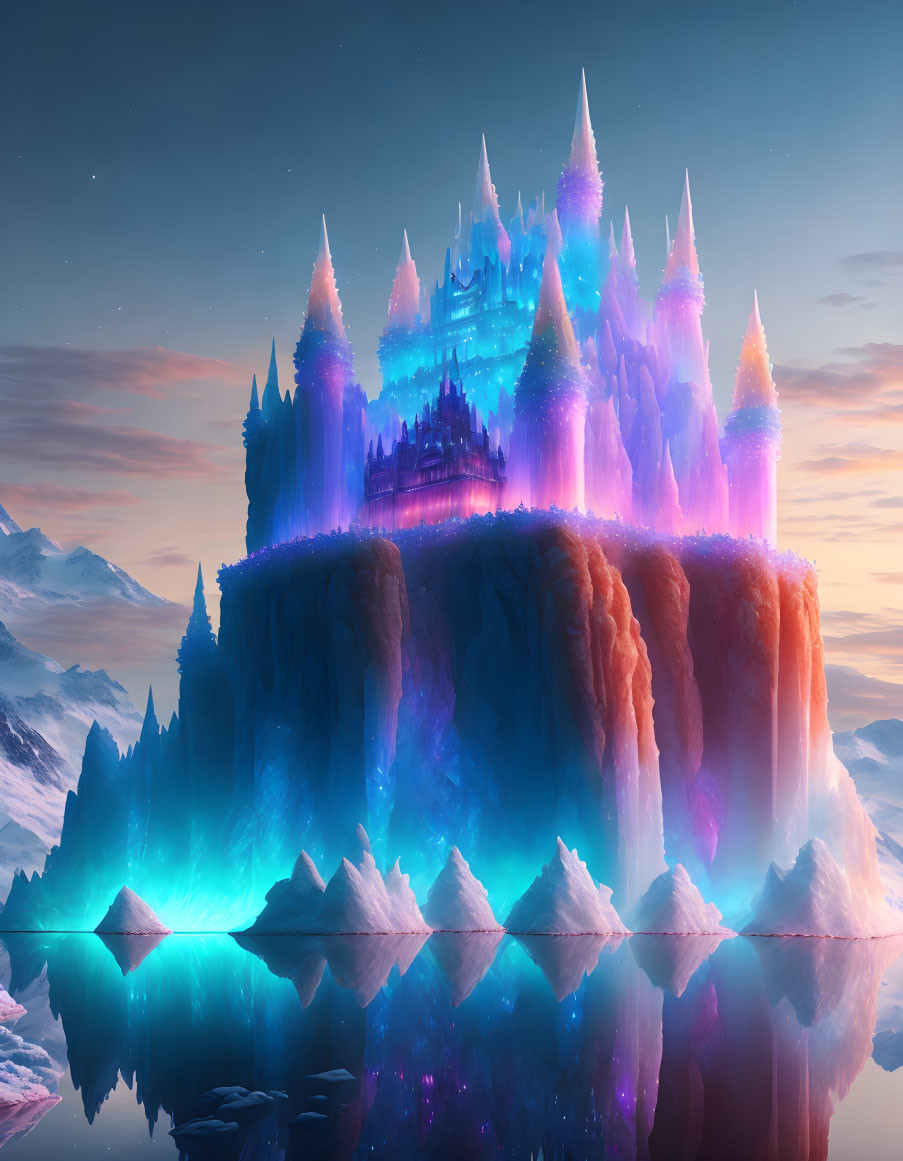 Ethereal fantasy castle on rocky cliff by tranquil sea at dusk