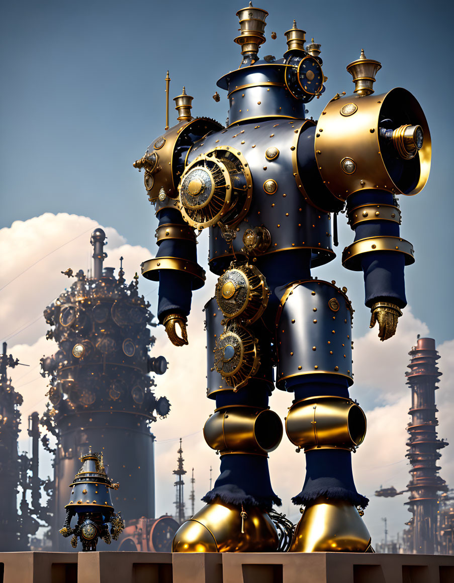 Steampunk brass robot with gears and rivets in industrial setting