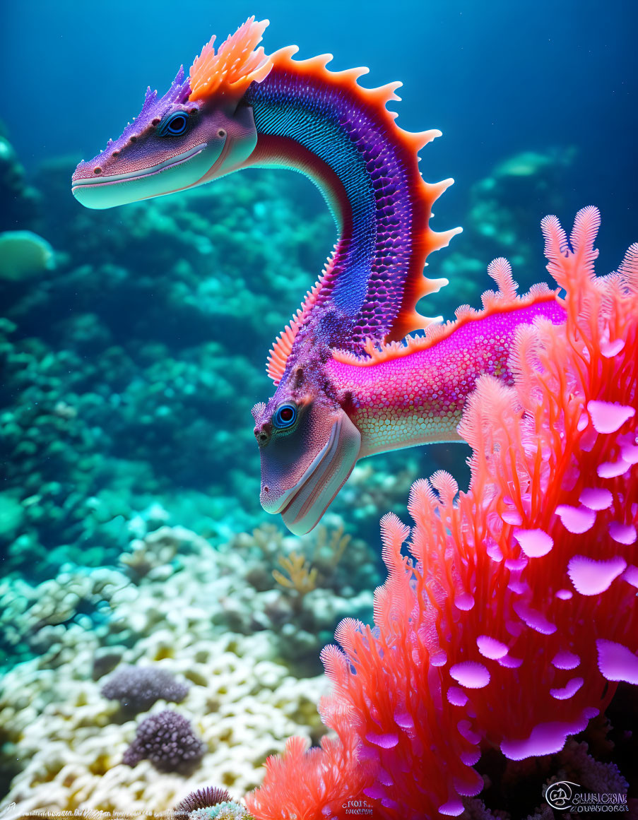 Colorful Seahorses on Coral in Clear Blue Underwater Scene