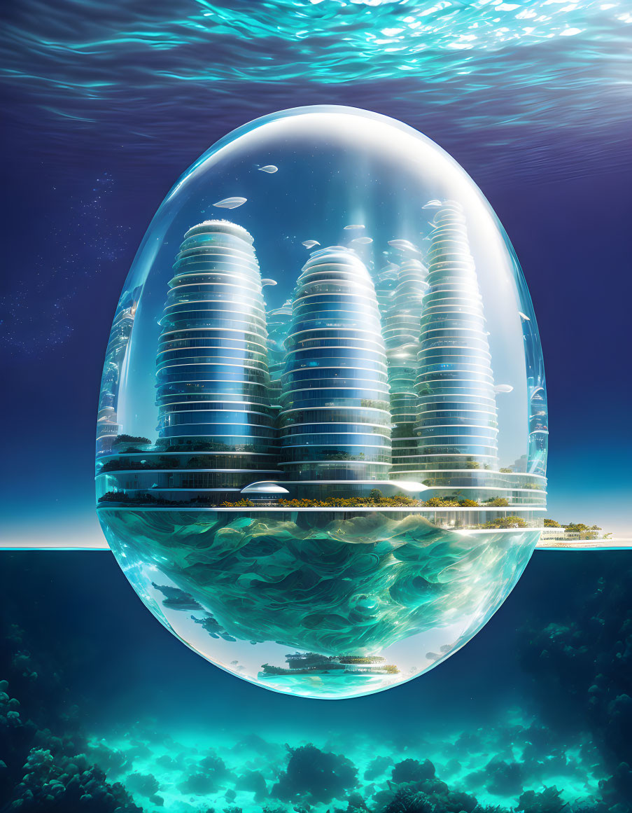 Transparent egg-shaped dome houses futuristic underwater city.