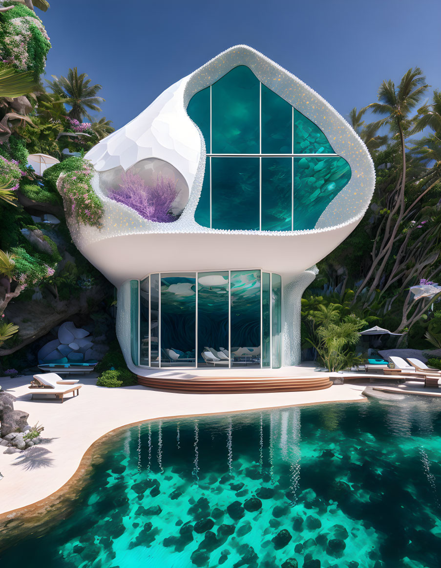 Organic Design Beach House with Glass Windows, Balcony, and Ocean View