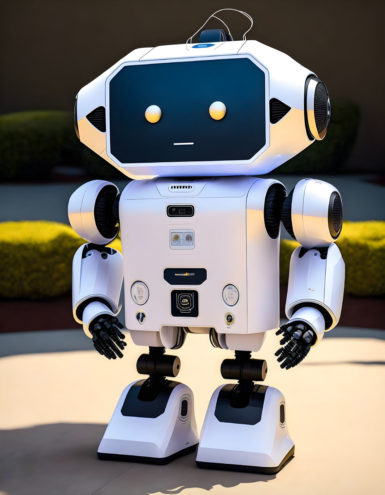 White friendly robot with large eyes and digital screen face on blurred background.