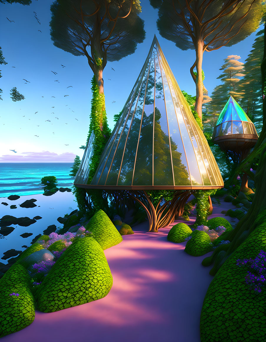 Glass pyramid in vibrant fantasy landscape with teal ocean and twilight sky