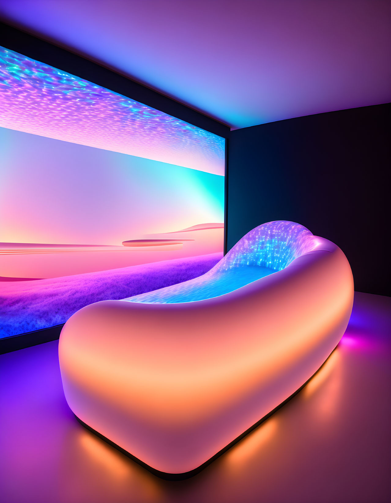 Futuristic Room with Neon Lights and Purple Sunset Display on Large Monitor