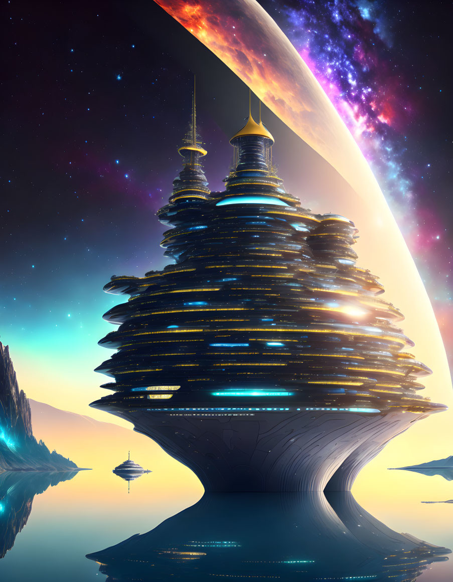 Futuristic tower with layered rings, golden spires, and cosmic backdrop