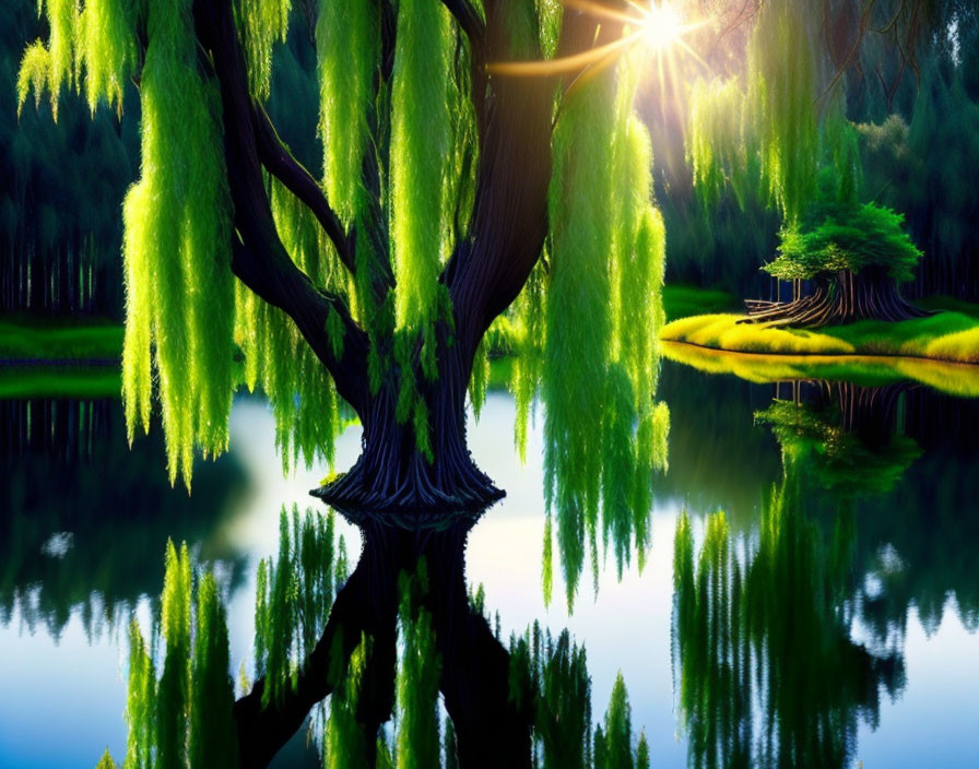 Serene lake landscape with sunlit willow tree