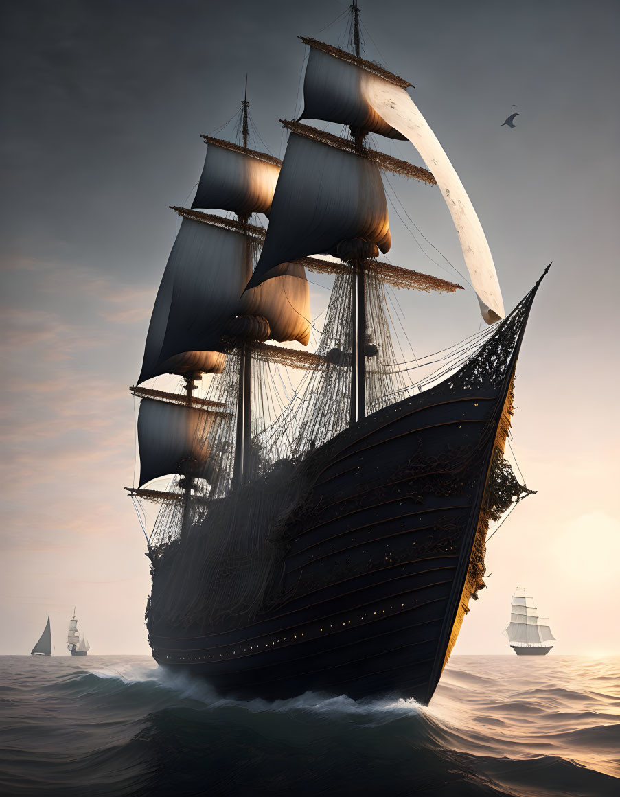 Sailing ship with full sails on tranquil sea at dusk