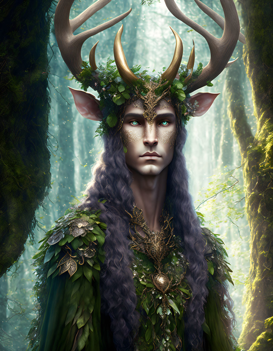 Majestic forest being with antlers and green foliage in enchanting woods