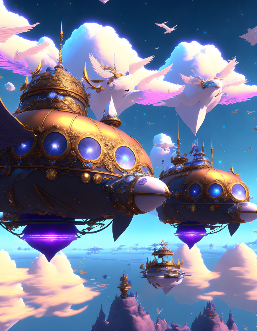 Golden airships among clouds and rock formations under a blue sky with glowing windows.