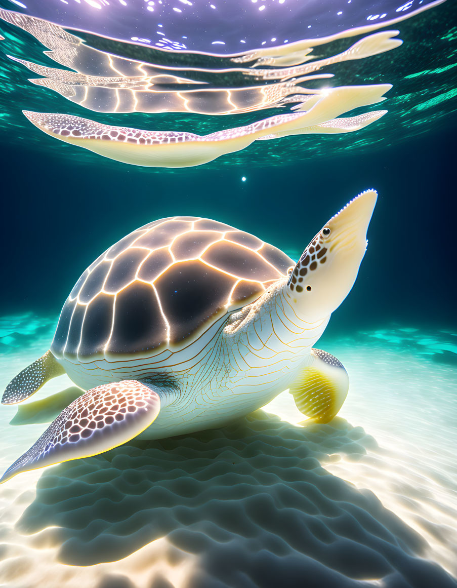 Underwater sea turtle with light reflections on shell